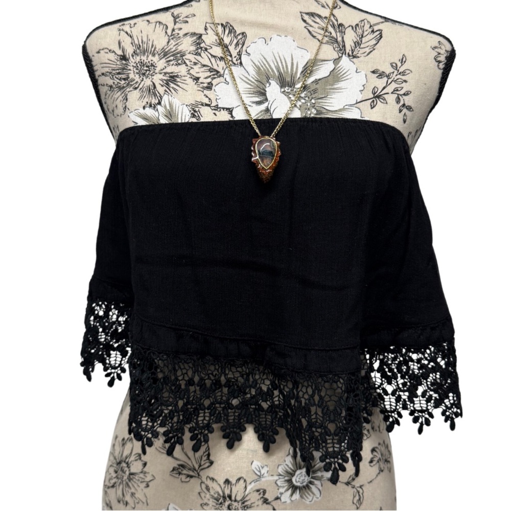 Cotton Candy Black Crochet Lace Trim Off-Shoulder Crop Tube Top Size Small